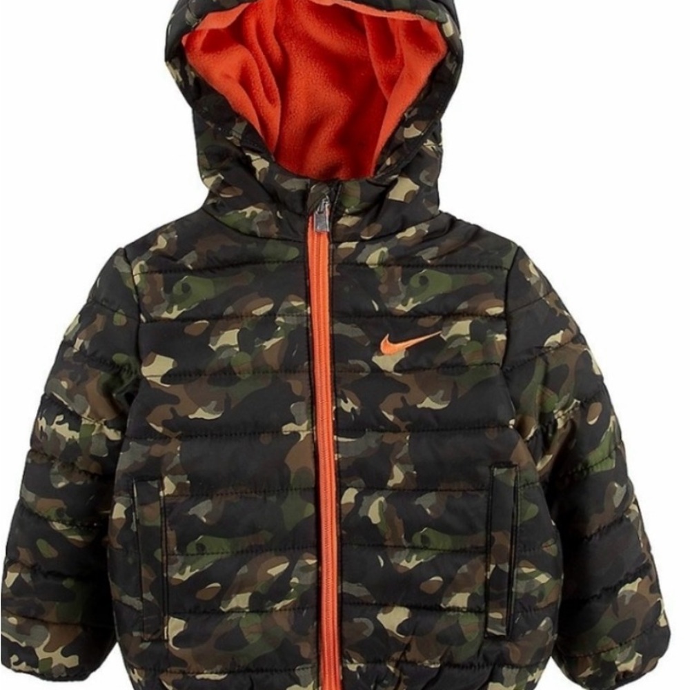 Nike Camouflage Puffer Jacket with Orange Accents. Size 18m EUC